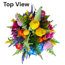 Load image into Gallery viewer, Colorful Centerpiece with Pink Peonies, Blue Hydrangeas, Roses &amp; Yellow Tulips
