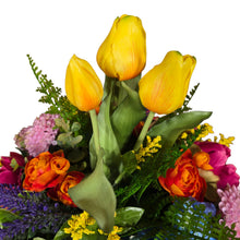 Load image into Gallery viewer, Colorful Centerpiece with Pink Peonies, Blue Hydrangeas, Roses &amp; Yellow Tulips
