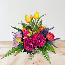 Load image into Gallery viewer, Colorful Centerpiece with Pink Peonies, Blue Hydrangeas, Roses &amp; Yellow Tulips
