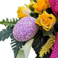 Load image into Gallery viewer, Pastel Shimmering Easter Headstone Saddle with Yellow Rose &amp; Calla Lily Grave Flowers
