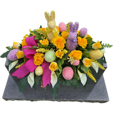 Load image into Gallery viewer, Pastel Shimmering Easter Headstone Saddle with Yellow Rose &amp; Calla Lily Grave Flowers
