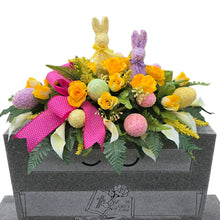 Load image into Gallery viewer, Pastel Shimmering Easter Headstone Saddle with Yellow Rose &amp; Calla Lily Grave Flowers
