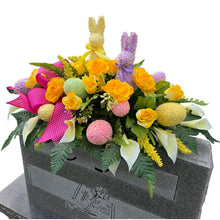 Load image into Gallery viewer, Pastel Shimmering Easter Headstone Saddle with Yellow Rose &amp; Calla Lily Grave Flowers
