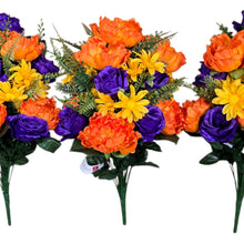 Load image into Gallery viewer, Orange &amp; Purple Artificial Flower Bushes, Peony Rose Daisy Mix Silk Floral Craft Supply, Memorial Decor (set of 3)
