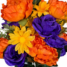 Load image into Gallery viewer, Orange &amp; Purple Artificial Flower Bushes, Peony Rose Daisy Mix Silk Floral Craft Supply, Memorial Decor (set of 3)
