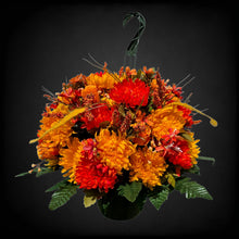 Load image into Gallery viewer, Orange Mum Rosebud Fall Hanging Basket Floral Arrangement, Summer Fall Porch Decor
