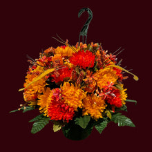 Load image into Gallery viewer, Orange Mum Rosebud Fall Hanging Basket Floral Arrangement, Summer Fall Porch Decor
