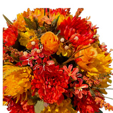 Load image into Gallery viewer, Orange Mum Rosebud Fall Hanging Basket Floral Arrangement, Summer Fall Porch Decor

