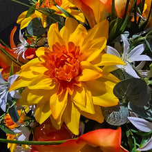 Load image into Gallery viewer, Orange Lily Dahlia Rose Hanging Basket Floral Arrangement, Summer Fall Porch Decor

