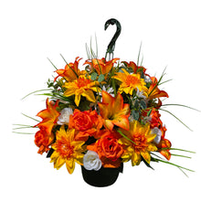 Load image into Gallery viewer, Orange Lily Dahlia Rose Hanging Basket Floral Arrangement, Summer Fall Porch Decor
