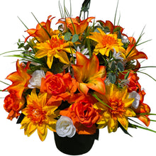 Load image into Gallery viewer, Orange Lily Dahlia Rose Hanging Basket Floral Arrangement, Summer Fall Porch Decor

