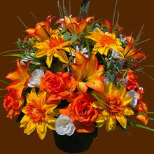 Load image into Gallery viewer, Orange Lily Dahlia Rose Hanging Basket Floral Arrangement, Summer Fall Porch Decor
