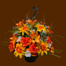 Load image into Gallery viewer, Orange Lily Dahlia Rose Hanging Basket Floral Arrangement, Summer Fall Porch Decor
