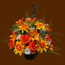 Load image into Gallery viewer, Orange Lily Dahlia Rose Hanging Basket Floral Arrangement, Summer Fall Porch Decor
