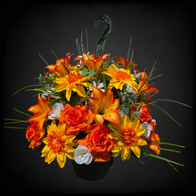 Load image into Gallery viewer, Orange Lily Dahlia Rose Hanging Basket Floral Arrangement, Summer Fall Porch Decor
