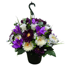 Load image into Gallery viewer, Purple Lily Mum Rose Hanging Basket Floral Arrangement, Spring Summer Porch Decor
