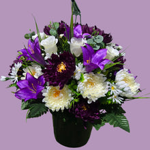 Load image into Gallery viewer, Purple Lily Mum Rose Hanging Basket Floral Arrangement, Spring Summer Porch Decor
