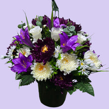 Load image into Gallery viewer, Purple Lily Mum Rose Hanging Basket Floral Arrangement, Spring Summer Porch Decor
