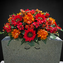 Load image into Gallery viewer, Red Sunflower Orange Mum and Rust Rosebud Fall Cemetery Headstone Saddle Memorial Decoration
