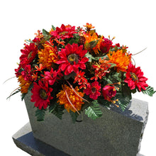 Load image into Gallery viewer, Red Sunflower Orange Mum and Rust Rosebud Fall Cemetery Headstone Saddle Memorial Decoration
