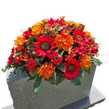 Load image into Gallery viewer, Red Sunflower Orange Mum and Rust Rosebud Fall Cemetery Headstone Saddle Memorial Decoration
