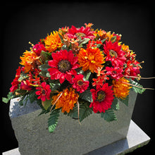 Load image into Gallery viewer, Red Sunflower Orange Mum and Rust Rosebud Fall Cemetery Headstone Saddle Memorial Decoration

