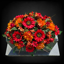 Load image into Gallery viewer, Red Sunflower Orange Mum and Rust Rosebud Fall Cemetery Headstone Saddle Memorial Decoration
