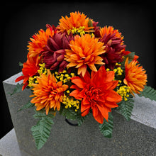 Load image into Gallery viewer, Small Headstone Saddle Rust Orange Mum Dahlia Memorial Decoration
