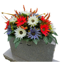 Load image into Gallery viewer, Fall Cemetery Headstone Saddle Memorial Decoration with Red Orange, Cream, and Dusty Blue Sunflowers

