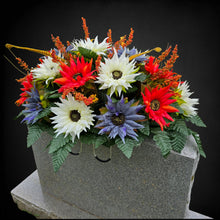 Load image into Gallery viewer, Fall Cemetery Headstone Saddle Memorial Decoration with Red Orange, Cream, and Dusty Blue Sunflowers

