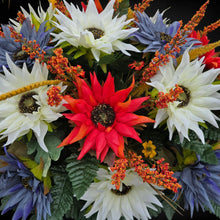 Load image into Gallery viewer, Fall Cemetery Headstone Saddle Memorial Decoration with Red Orange, Cream, and Dusty Blue Sunflowers
