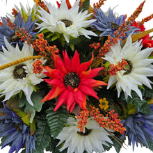 Load image into Gallery viewer, Fall Cemetery Headstone Saddle Memorial Decoration with Red Orange, Cream, and Dusty Blue Sunflowers
