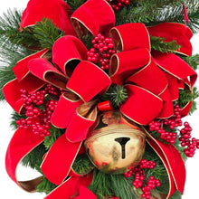 Load image into Gallery viewer, Christmas Front Door Wreath Swag with Gold Bells, Berries, Pine, and 2 Cardinals

