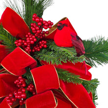 Load image into Gallery viewer, Christmas Front Door Wreath Swag with Gold Bells, Berries, Pine, and 2 Cardinals
