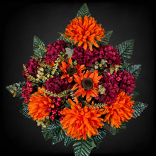 Load image into Gallery viewer, Orange Ball Mum and Sunflower Cemetery Cone with Burgandy Mums &amp; Berries. Funeral Memorial Flowers
