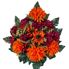 Load image into Gallery viewer, Orange Ball Mum and Sunflower Cemetery Cone with Burgandy Mums &amp; Berries. Funeral Memorial Flowers
