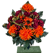 Load image into Gallery viewer, Orange Ball Mum and Sunflower Cemetery Cone with Burgandy Mums &amp; Berries. Funeral Memorial Flowers

