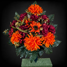 Load image into Gallery viewer, Orange Ball Mum and Sunflower Cemetery Cone with Burgandy Mums &amp; Berries. Funeral Memorial Flowers
