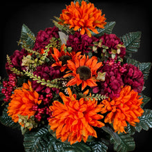 Load image into Gallery viewer, Orange Ball Mum and Sunflower Cemetery Cone with Burgandy Mums &amp; Berries. Funeral Memorial Flowers
