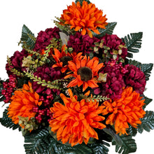 Load image into Gallery viewer, Orange Ball Mum and Sunflower Cemetery Cone with Burgandy Mums &amp; Berries. Funeral Memorial Flowers
