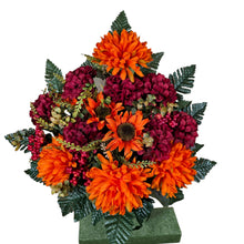 Load image into Gallery viewer, Orange Ball Mum and Sunflower Cemetery Cone with Burgandy Mums &amp; Berries. Funeral Memorial Flowers
