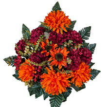 Load image into Gallery viewer, Orange Ball Mum and Sunflower Cemetery Cone with Burgandy Mums &amp; Berries. Funeral Memorial Flowers
