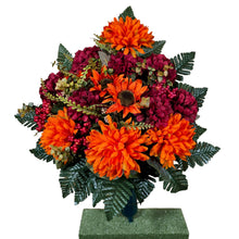 Load image into Gallery viewer, Orange Ball Mum and Sunflower Cemetery Cone with Burgandy Mums &amp; Berries. Funeral Memorial Flowers
