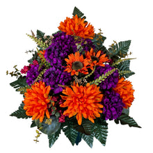 Load image into Gallery viewer, Orange Ball Mum and Sunflower Cemetery Cone with Purple Mums &amp; Berries. Funeral Memorial Flowers
