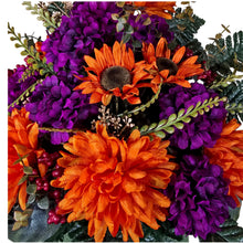Load image into Gallery viewer, Orange Ball Mum and Sunflower Cemetery Cone with Purple Mums &amp; Berries. Funeral Memorial Flowers

