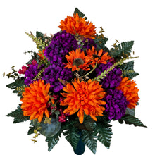 Load image into Gallery viewer, Orange Ball Mum and Sunflower Cemetery Cone with Purple Mums &amp; Berries. Funeral Memorial Flowers
