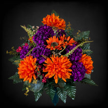 Load image into Gallery viewer, Orange Ball Mum and Sunflower Cemetery Cone with Purple Mums &amp; Berries. Funeral Memorial Flowers
