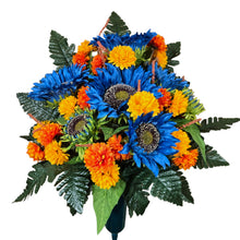 Load image into Gallery viewer, Blue Sunflower Cemetery Cone with Orange &amp; Yellow Mini Mums. Funeral Memorial Flowers
