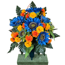 Load image into Gallery viewer, Blue Sunflower Cemetery Cone with Orange &amp; Yellow Mini Mums. Funeral Memorial Flowers
