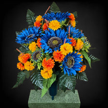 Load image into Gallery viewer, Blue Sunflower Cemetery Cone with Orange &amp; Yellow Mini Mums. Funeral Memorial Flowers
